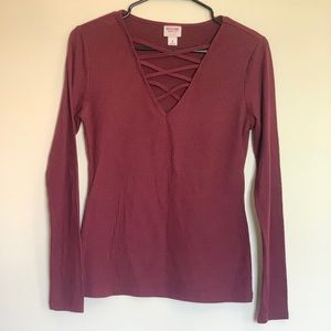 Long Sleeve Maroon Ribbed Knit Top